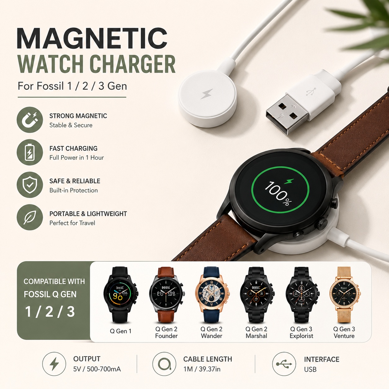 Fossil Watches Smartwatch Charger - USB-horloge-opladeradapter Smartwatch-oplaadkabel Dockvervangende accessoires voor het